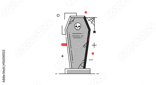 An illustration of a spooky coffin with a skull symbol and cobwebs for halloween celebrations and scary events
