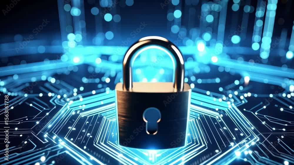 Padlock securing a digital circuit board, symbolizing data protection, online safety and secure internet connection, technology concept