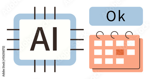 AI chip with calendar and Ok approval symbol emphasizing automation, scheduling, productivity, technology, organization, planning, and task management. Ideal for workflow, automation AI systems