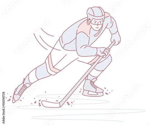 A highly skilled ice hockey player swiftly accelerating down the rink while skillfully maneuvering the puck