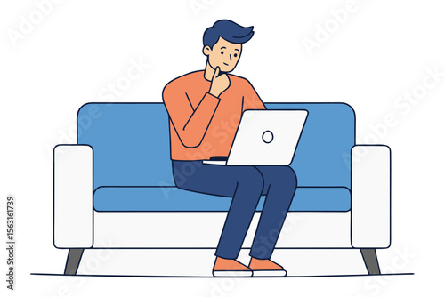 Young man thoughtfully using a laptop while sitting on a comfortable blue couch contemplating ideas