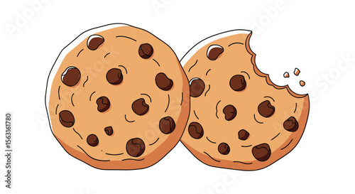 Two delicious looking chocolate chip cookies one whole and one with a bite taken out showing the texture inside baked goods dessert sweet treat