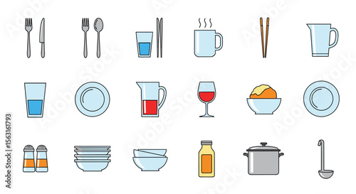 Collection of modern flat design kitchen utensils and dining accessories for food service industry