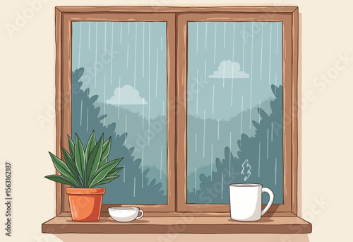 A cozy, hand-drawn illustration of a rainy day from a window, with a steaming mug, a cup, and a plant on the sill against a forest background.
