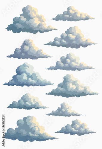 Collection of painterly style clouds with soft, warm sunset highlights, isolated for creating realistic and stylized sky or weather compositions for digital art.
