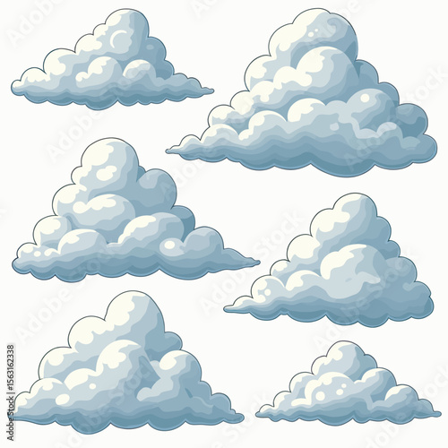Collection of six stylized cumulus clouds with soft blue shading and bright highlights, ideal for game backgrounds, weather animations, and fantasy sky scenes.
