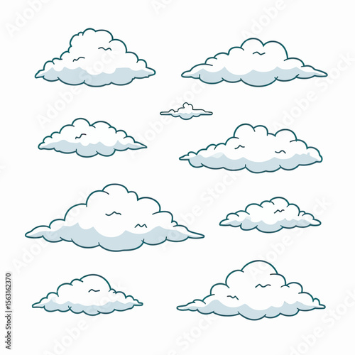 A cute collection of nine simple, hand-drawn cloud doodles with a clean line art style, perfect for weather icons, children's book illustrations and web graphics.
