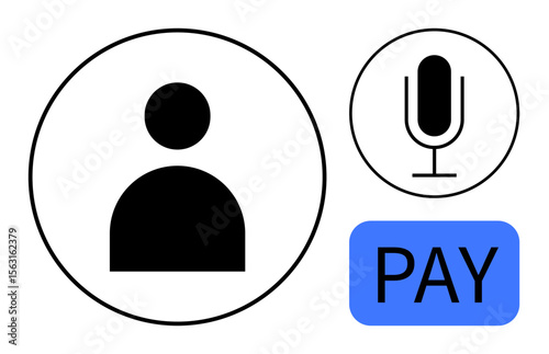 User profile silhouette in a circle, microphone for voice input, blue PAY button. Ideal for apps, accounts, user settings, voice technology, payment systems, fintech simple landing page