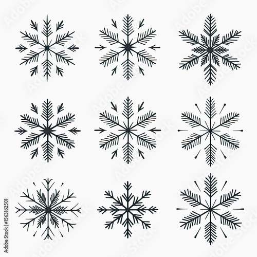 Collection of nine hand-drawn snowflake icons with a rustic, pine needle texture, ideal for unique winter holiday crafts and festive graphic designs.
