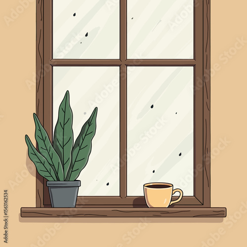 A charming hand-drawn illustration of a cozy windowsill scene, featuring a simple cup and a potted plant against a window on a quiet, overcast day.

