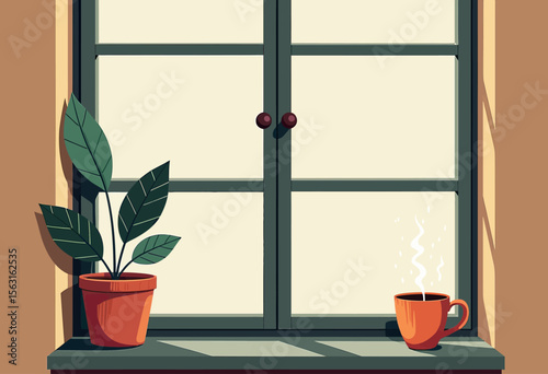 A warm, steaming cup of tea rests on a sunny windowsill next to a vibrant houseplant, casting long shadows in a peaceful, quiet morning room.
