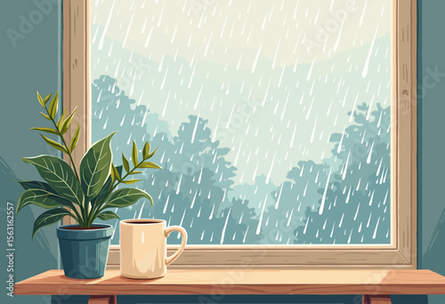 A tranquil morning moment watching heavy rain fall outside a window, with a steaming mug and a leafy plant on the sill creating a peaceful indoor oasis.
