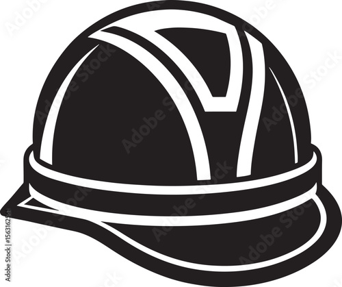 Dark hard hat silhouette with white accents isolated on white background