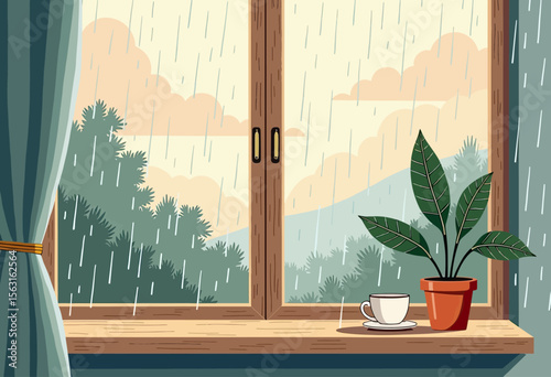 Cozy rainy day scene with a warm cup of coffee and a green houseplant on the windowsill, looking out at a soft, cloudy sky and lush trees.
