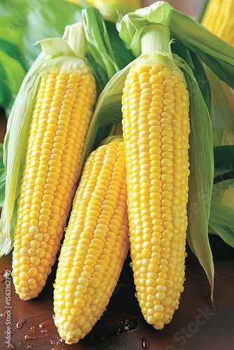 Close-up photograph of fresh yellow corn on the cob with green leaves, water droplets, vibrant colors, photorealistic, cinematic lighting