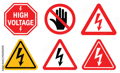 Electrical safety warning signs collection featuring high voltage hazard symbols including stop signs, hand icons, and lightning bolts
