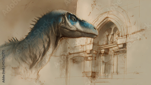 immersive guide for fictional civilizations | ritual memory | timeless vigilance | faded crimson and sap blue | arched spatial illusion | saurian rituals | glow-infused shading | dry texture blending