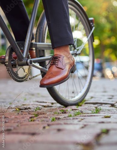 Detail of Leather Shoes and Bicycle Pedal on a Cobblestone Street