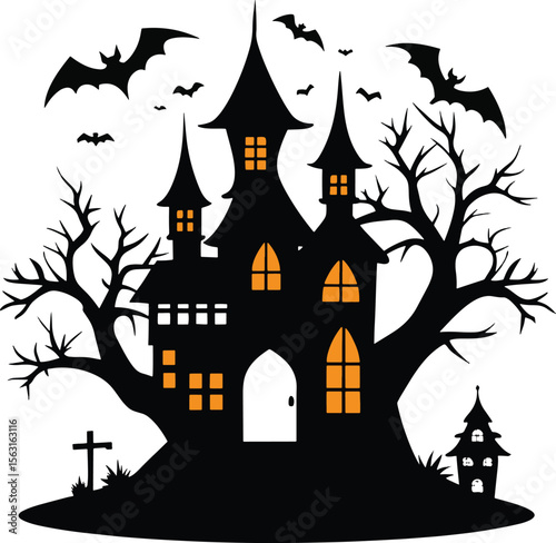Spooky haunted castle with bats and bare trees silhouette isolated on white background