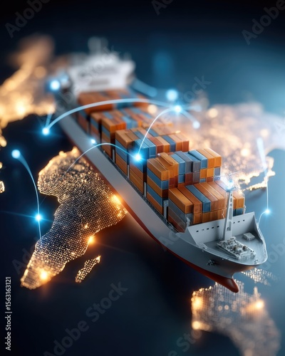 A global shipping container vessel transports goods efficiently across the world illustrated by shining dots showing international trade routes and distribution.