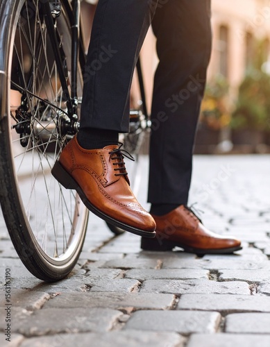 Detail of Leather Shoes and Bicycle Pedal on a Cobblestone Street