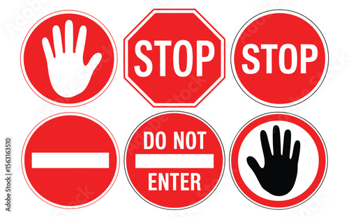 Red traffic signs set featuring stop, do not enter, and hand icons for road safety, transportation control, and visual guidance