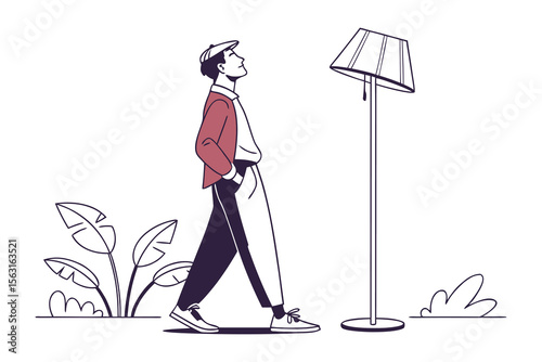 Stylish young man in a cap and jacket walks past a floor lamp with plants and clouds in a minimalist line art style