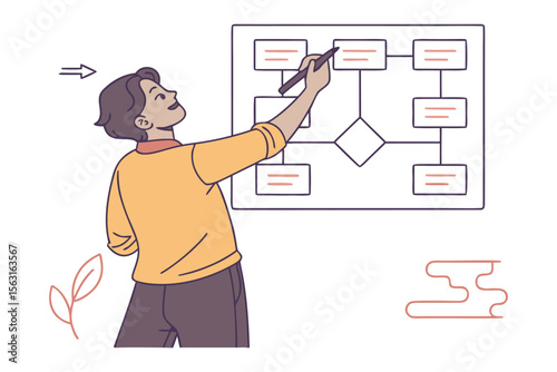 Creative individual enthusiastically presenting a complex flowchart diagram on a whiteboard with a pen in hand
