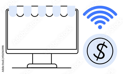 Desktop monitor with awning, wireless signal, and dollar coin representing online shopping, digital business, remote connectivity, money transactions, e-commerce solutions, financial tools