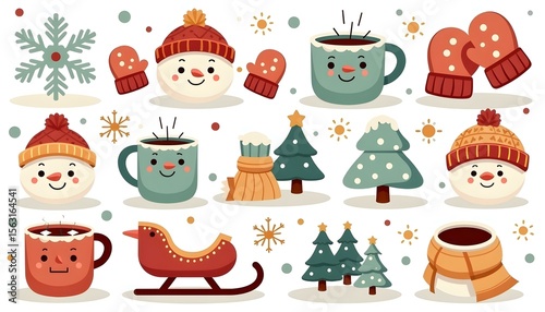 Winter festive elements with snowmen, mugs, and trees in colorful style  