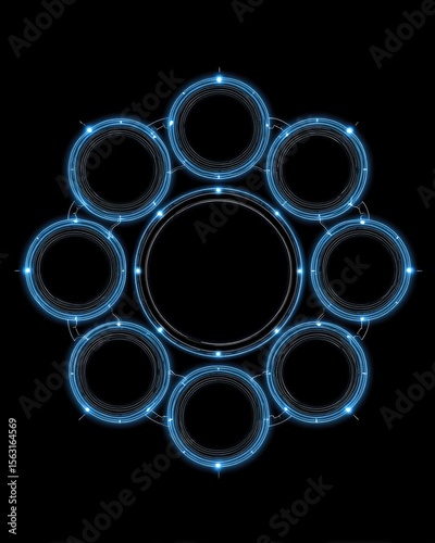 Digital Interface: Captivating graphic with interconnected circles of light, radiating with modern elegance and displaying technology innovation. photo