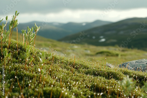 Dew glistens on mossy terrain in a serene landscape during early morning light