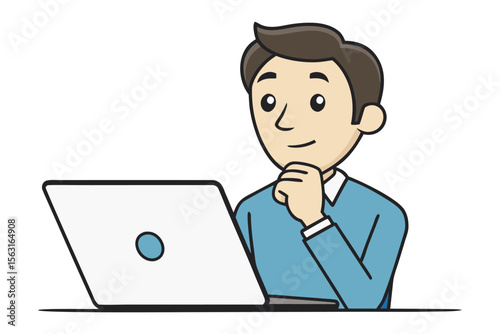 A cartoon man in a blue shirt and white collar sits at a desk thoughtfully looking at his laptop with his chin resting on his hand