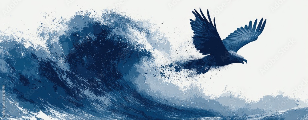 Fototapeta premium An eagle soars out of a powerful ocean wave, transforming into droplets of water in a stunning display of nature's force and freedom of flight.
