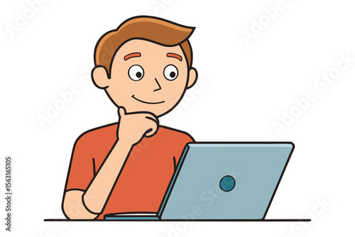 A young man with brown hair and an orange shirt smiles thoughtfully while resting his chin on his hand and looking at a laptop