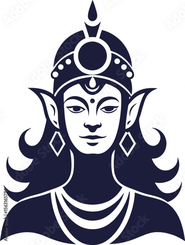 Hindu deity portrait with elaborate headdress and flowing hair silhouette isolated on white background
