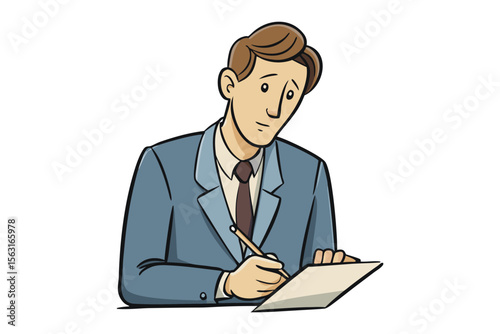 Cartoon businessman in a blue suit and tie diligently writing on a piece of paper with a pencil focused on his task