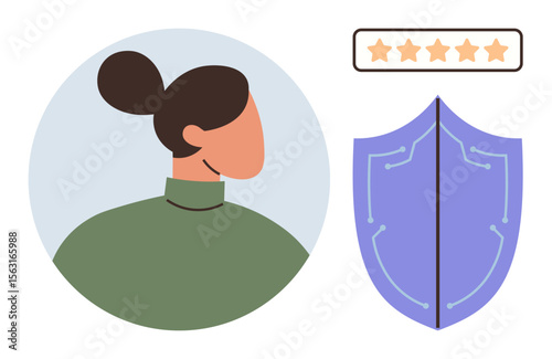 Female user profile beside a digital shield and 5-star rating. Ideal for loyalty, protection, trust, online safety, customer service, satisfaction, assurance. Simple flat metaphor