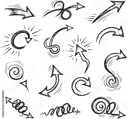 Collection of hand-drawn, stylized arrows in various shapes and directions.