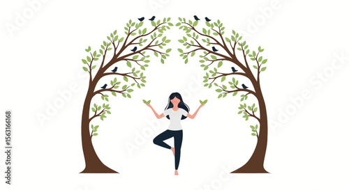 Serene Yoga: Woman Balancing Under Tree Canopy