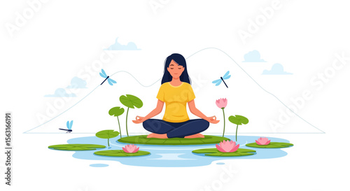 Serene Meditation: Woman in Lotus Position on Pond Illustration