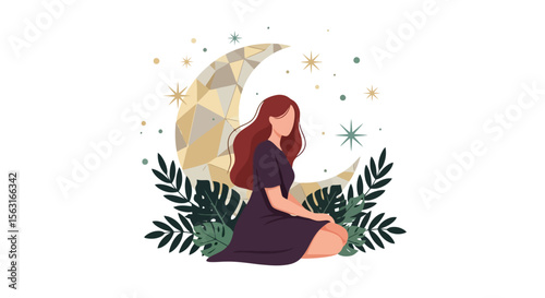 Crescent Moon Dreamer: Woman in Nature Illustration