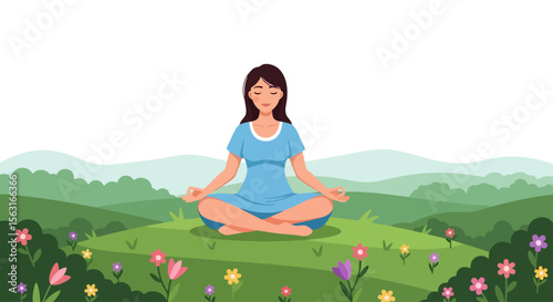 Serene Meditation: Woman in Lotus Position on a Blooming Hill