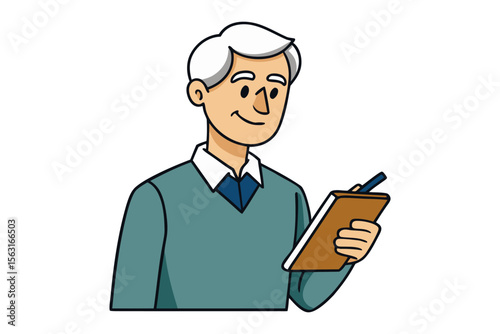 Smiling elderly man with white hair wearing a teal sweater and blue shirt holding a clipboard and pen ready for work or notes