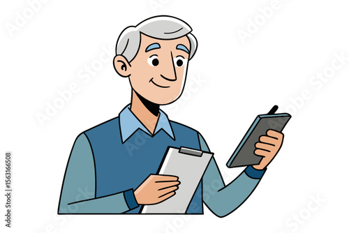 Smiling senior man with gray hair holding a clipboard and stylus pen ready for work or inspection