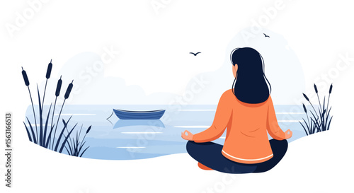 Serene Lakeside Meditation: Woman Finding Inner Peace