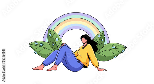Serene Woman with Rainbow and Leaves Illustration
