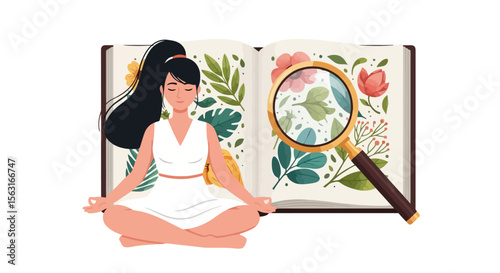 Botanical Illustration Study: Woman Meditating with Nature Journal