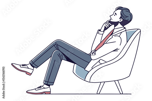 A stylishly dressed businessman sits thoughtfully in a modern chair contemplating his next move with a pensive expression
