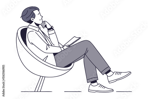 A thoughtful man in a modern chair holding a book contemplating ideas with a relaxed posture and focused expression